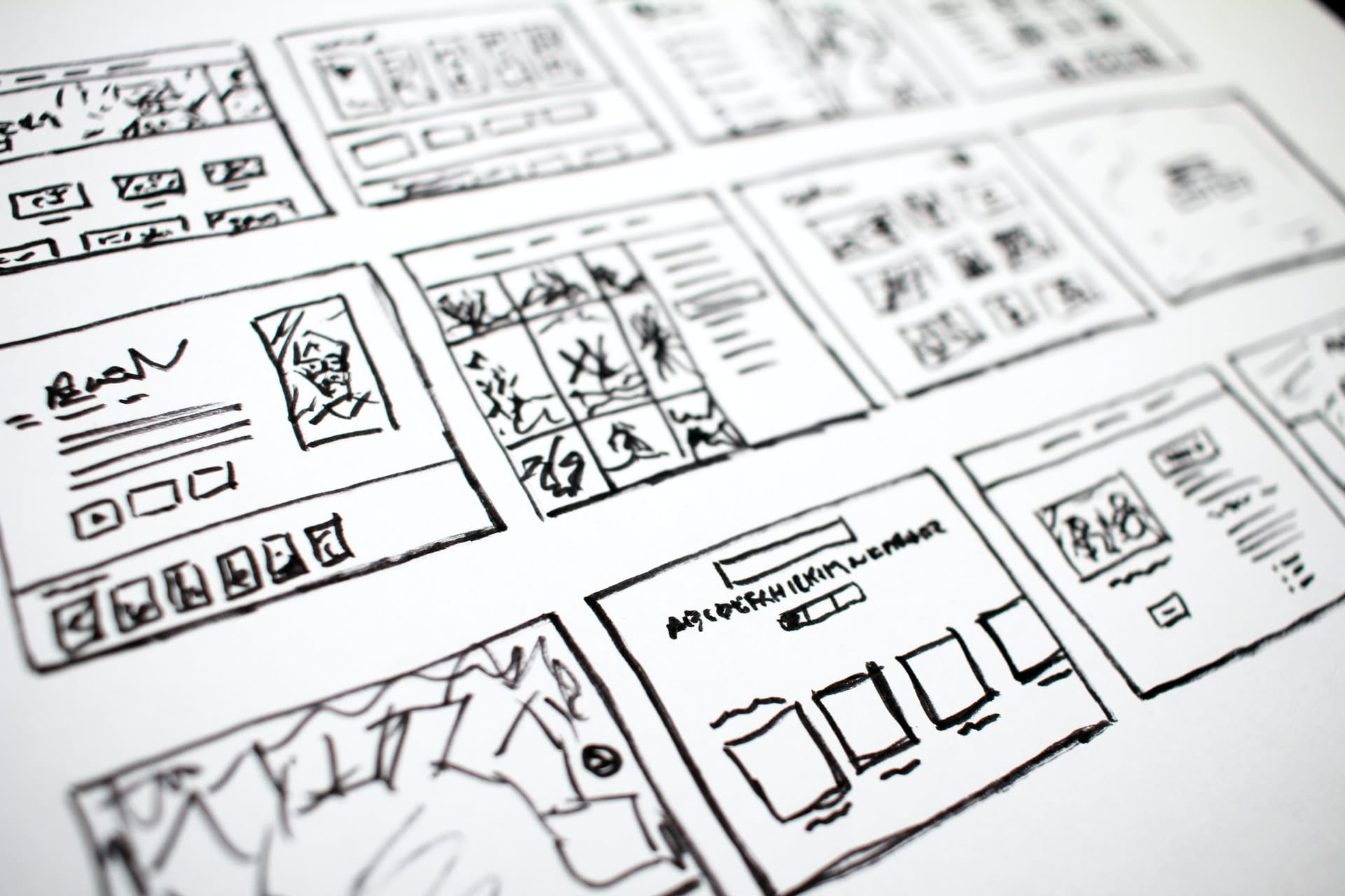 Black and white photograph of wire framing for a website